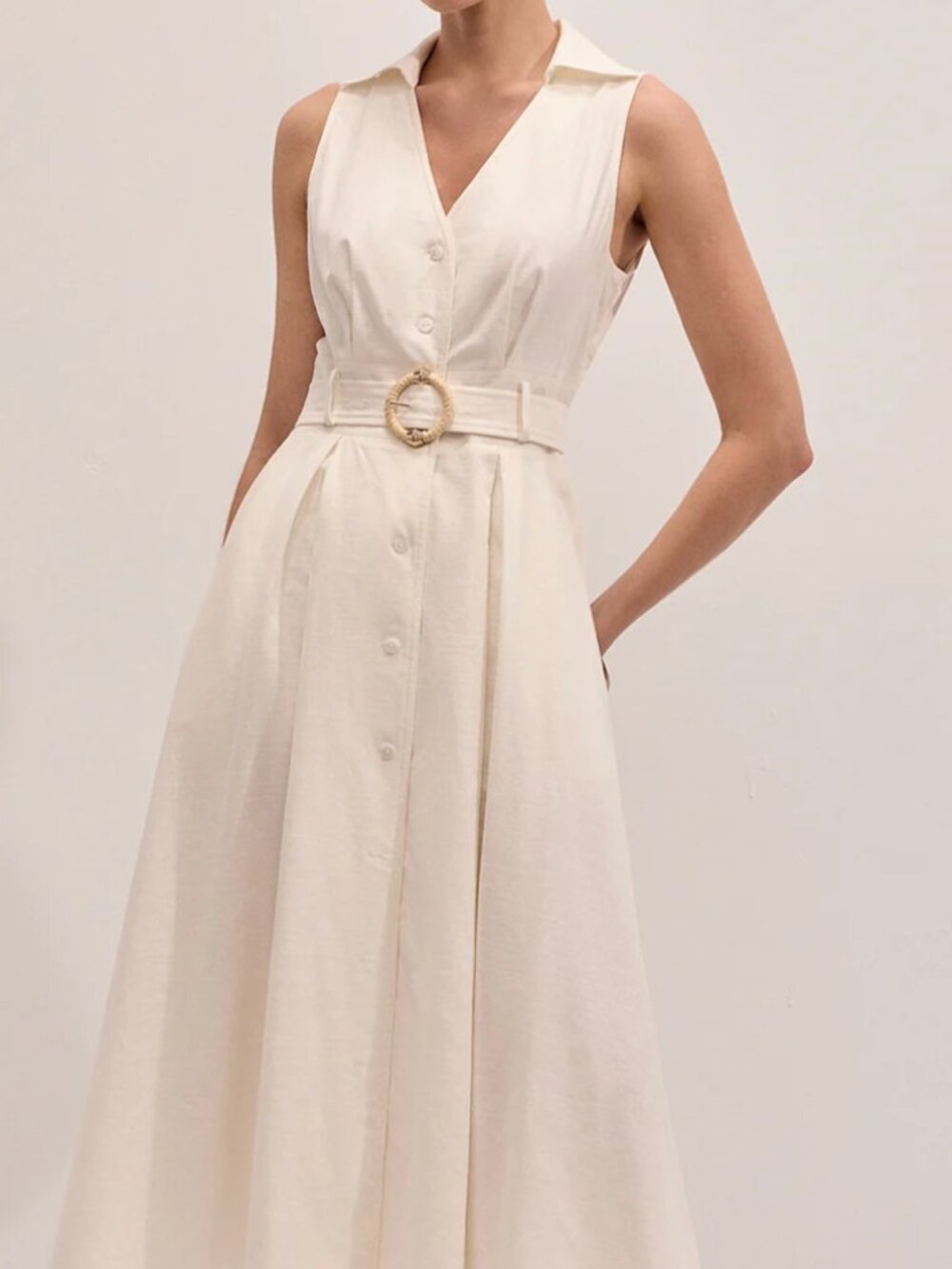 Commense Cotton Linen Sleeveless Belted Midi Dress XS